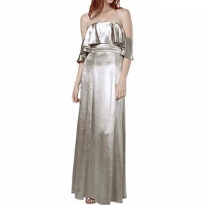 NEW FAME AND PARTNERS SILVER METALLIC RUFFLE GOWN